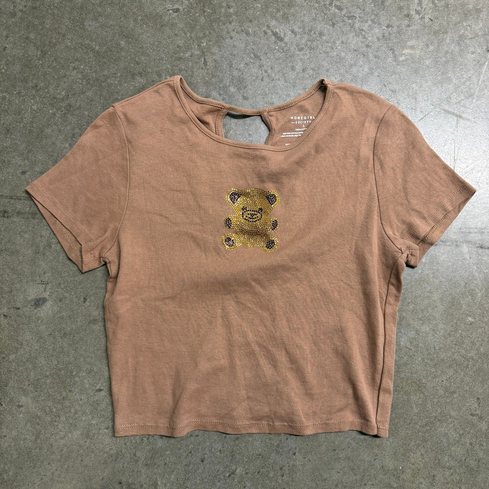 Homegirl Society Brown Rhinestone Teddy Bear Ladder Back Crop Top GT3942 L